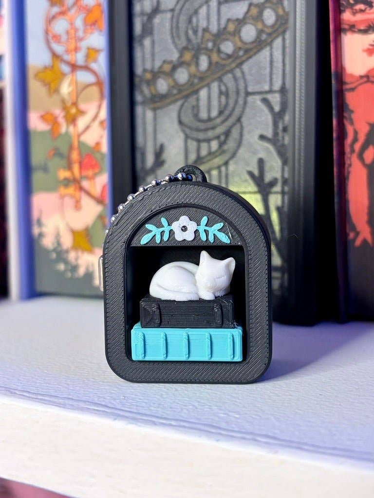 3d Printed Mini Bookshelf Fidget Clicker: Arched Shelf - Cat on Books