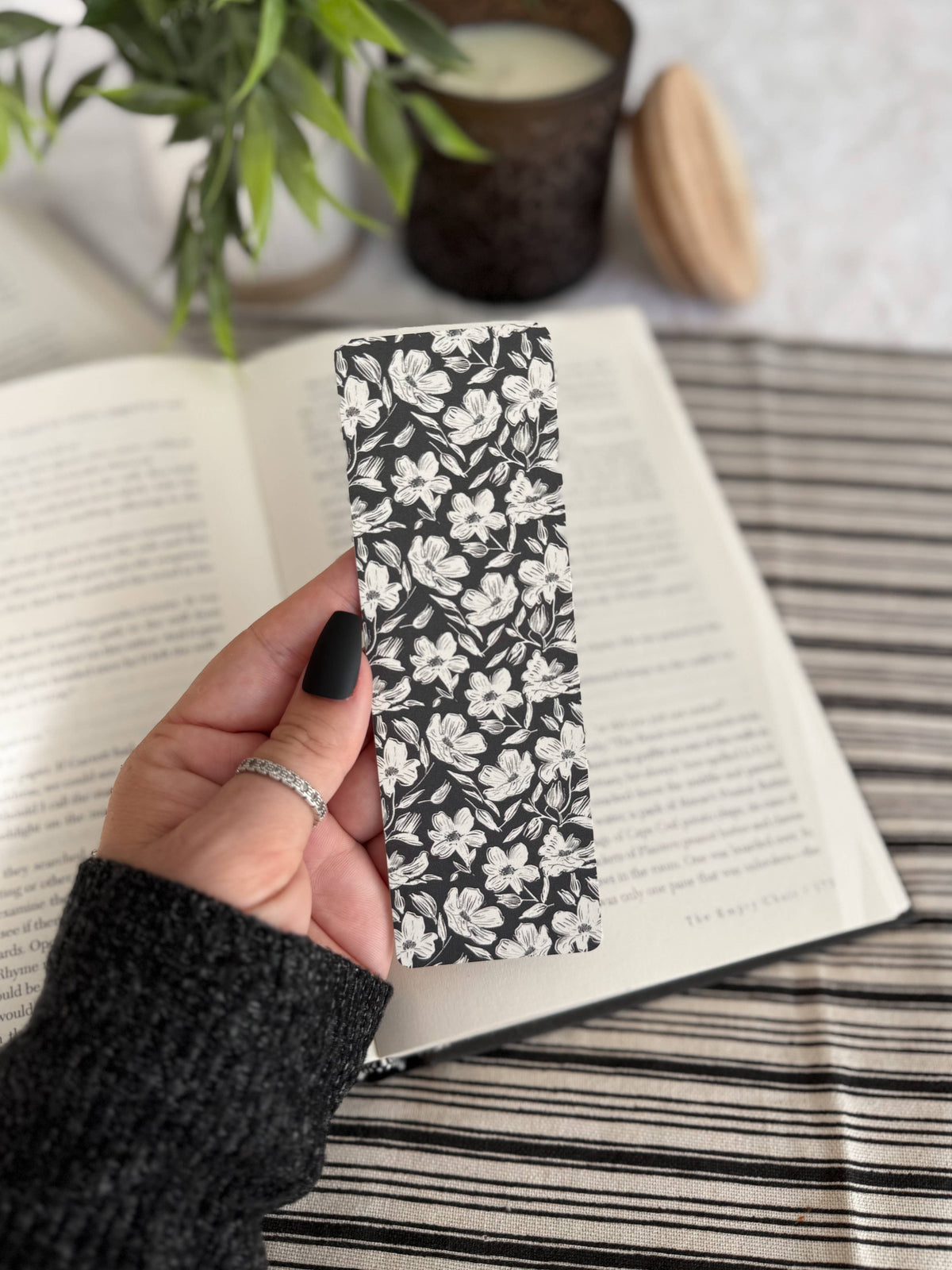 Black and White Floral Bookmark: Soft Touch Matte