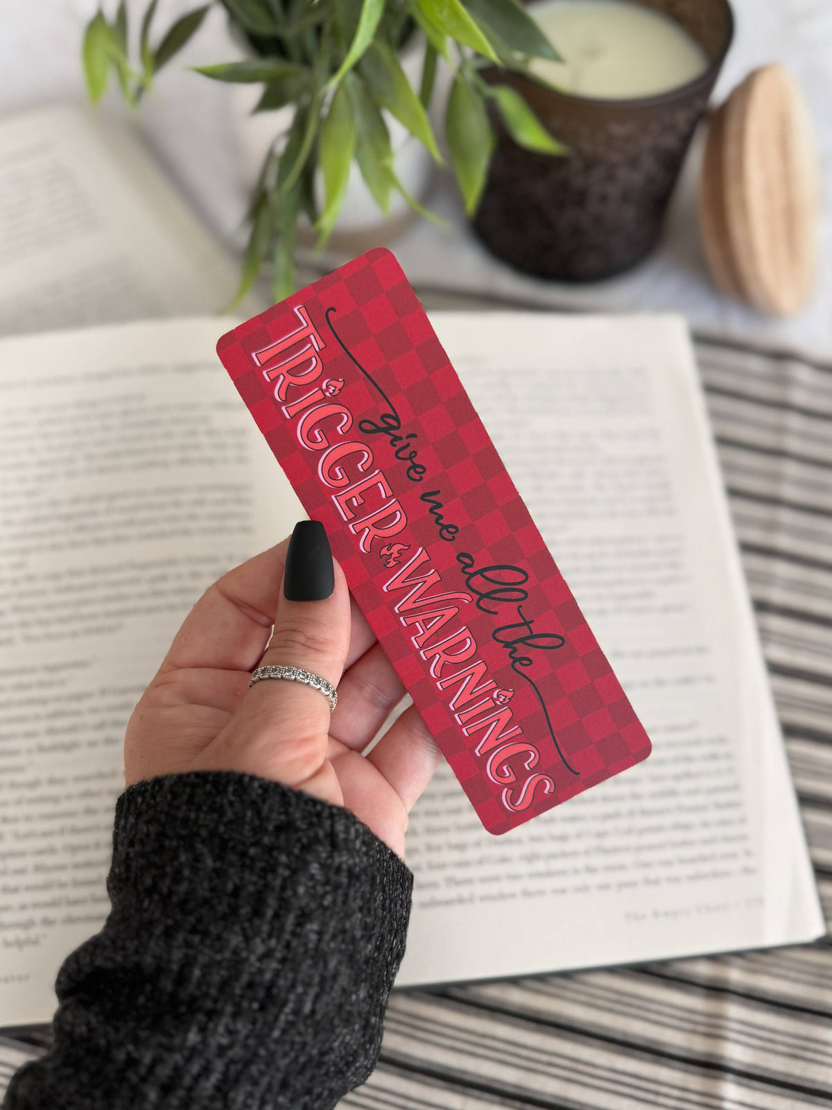 Trigger Warnings Bookmark | Dark Romance, Red Checker: Soft Touch Matte
