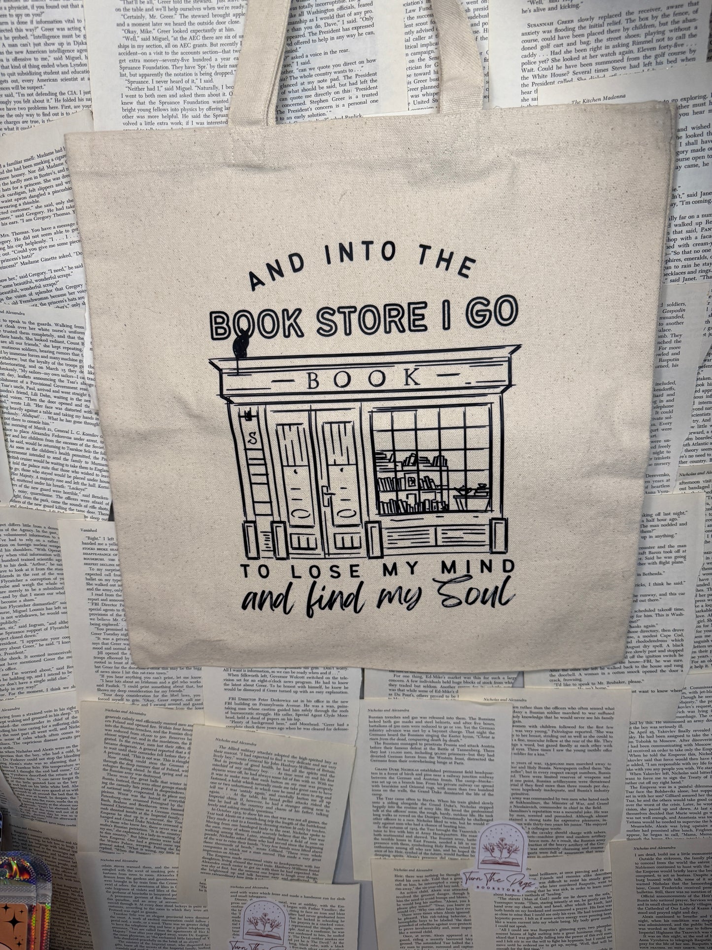 Into The Bookstore I Go Tote Bags