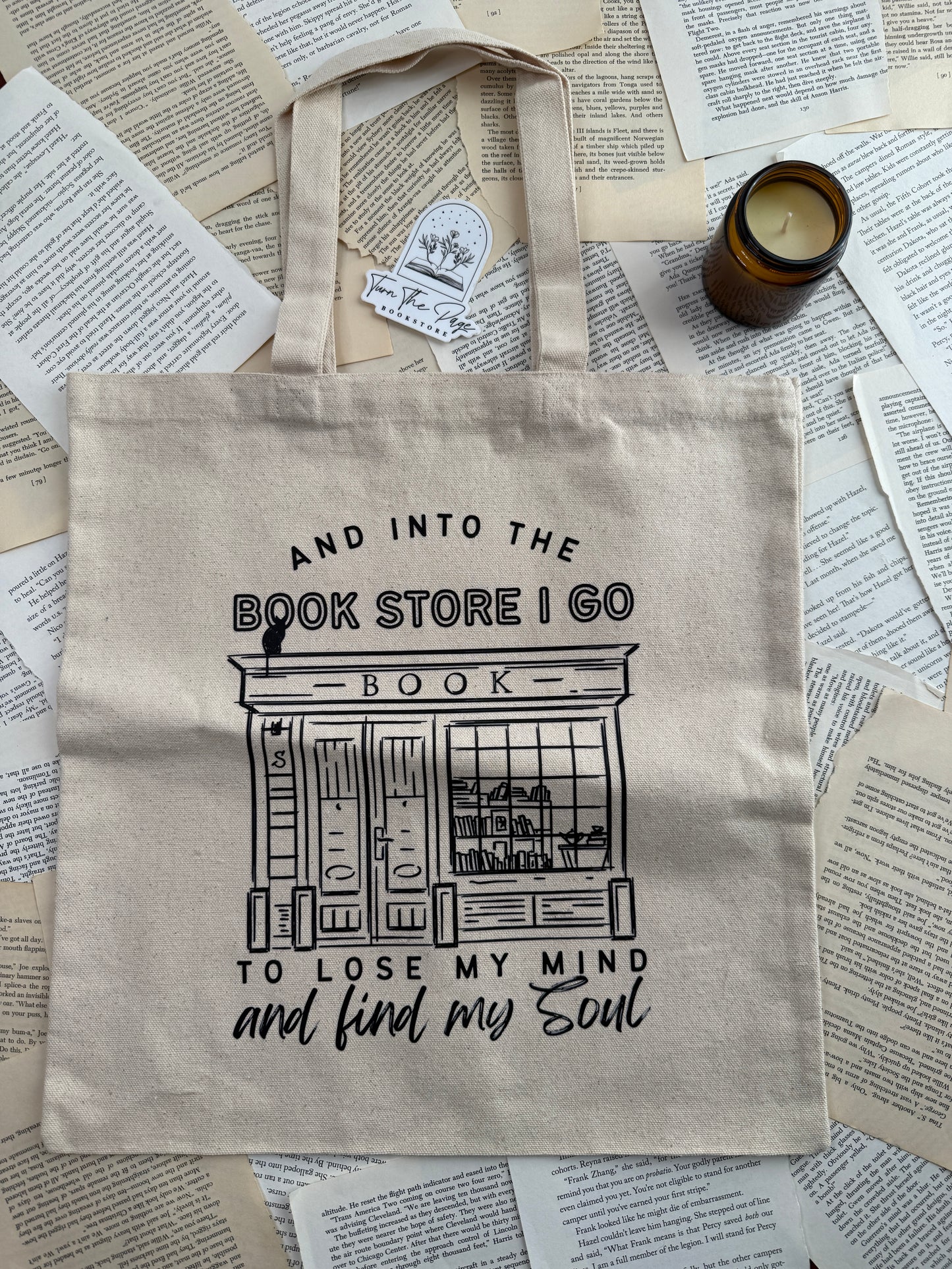 Into The Bookstore I Go Tote Bags