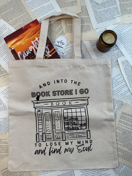 Into The Bookstore I Go Tote Bags