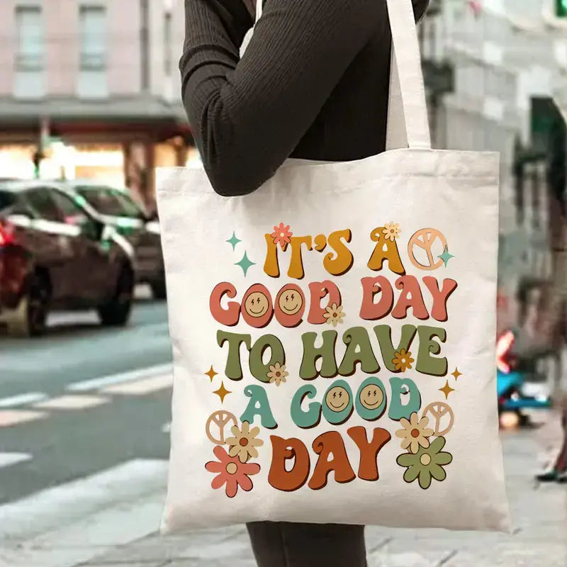 Retro Floral “Good Day” Book Tote Bag