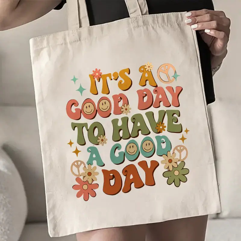 Retro Floral “Good Day” Book Tote Bag