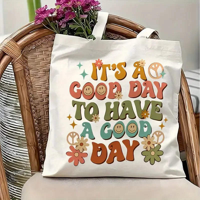 Retro Floral “Good Day” Book Tote Bag