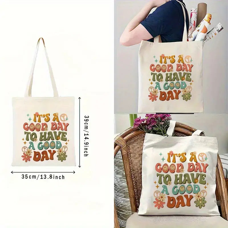 Retro Floral “Good Day” Book Tote Bag